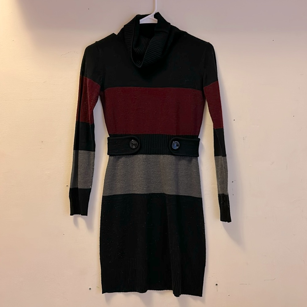 iZ Byer XS red, black and gray, striped, turtleneck, sweater dress